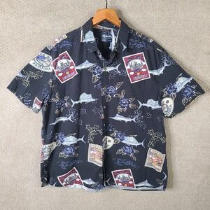 Bimini Bay‎ Shirt Mens XL Blue Floral Button Down Vacation Marlin Travel Cotton